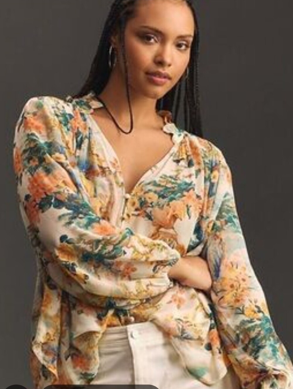 Anthropologie Painterly Floral V-Neck Blouse — Cream, Orange & Teal 2x